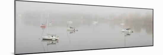 Boats in a lake during fog, Lake Memphremagog, Magog, Quebec, Canada-null-Mounted Photographic Print