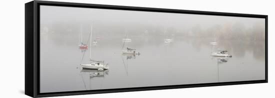 Boats in a lake during fog, Lake Memphremagog, Magog, Quebec, Canada-null-Framed Stretched Canvas