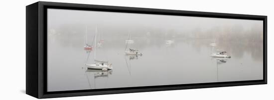 Boats in a lake during fog, Lake Memphremagog, Magog, Quebec, Canada-null-Framed Stretched Canvas