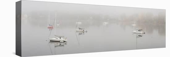 Boats in a lake during fog, Lake Memphremagog, Magog, Quebec, Canada-null-Stretched Canvas