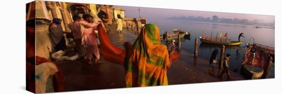 Boats in a River, Yamuna River, Vrindavan, Mathura District, Uttar Pradesh, India-null-Stretched Canvas