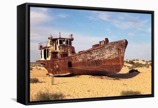 Boats in Desert around Moynaq, Muynak or Moynoq - Aral Sea or Aral Lake - Uzbekistan - Asia-Daniel Prudek-Framed Stretched Canvas