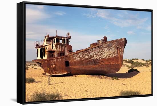 Boats in Desert around Moynaq, Muynak or Moynoq - Aral Sea or Aral Lake - Uzbekistan - Asia-Daniel Prudek-Framed Stretched Canvas