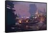 Boats in Harbor of Futuristic City,Evening Scene,Illustration Painting-Tithi Luadthong-Framed Stretched Canvas