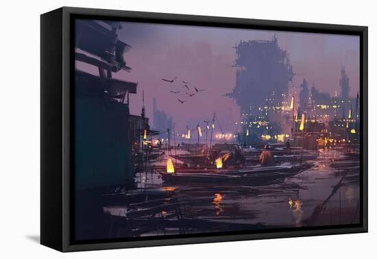 Boats in Harbor of Futuristic City,Evening Scene,Illustration Painting-Tithi Luadthong-Framed Stretched Canvas