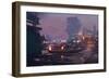 Boats in Harbor of Futuristic City,Evening Scene,Illustration Painting-Tithi Luadthong-Framed Art Print