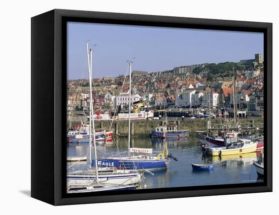 Boats in Harbour and Seafront, Scarborough, Yorkshire, England, United Kingdom-Robert Francis-Framed Stretched Canvas