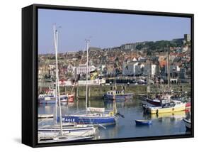 Boats in Harbour and Seafront, Scarborough, Yorkshire, England, United Kingdom-Robert Francis-Framed Stretched Canvas