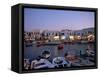 Boats in Harbour at Dusk, with Shops and Restaurants of Mykonos Town in the Background, Greece-Fraser Hall-Framed Stretched Canvas