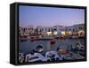 Boats in Harbour at Dusk, with Shops and Restaurants of Mykonos Town in the Background, Greece-Fraser Hall-Framed Stretched Canvas