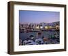 Boats in Harbour at Dusk, with Shops and Restaurants of Mykonos Town in the Background, Greece-Fraser Hall-Framed Photographic Print