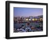 Boats in Harbour at Dusk, with Shops and Restaurants of Mykonos Town in the Background, Greece-Fraser Hall-Framed Photographic Print