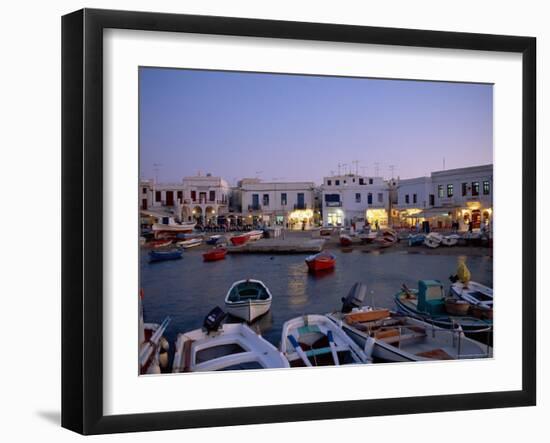 Boats in Harbour at Dusk, with Shops and Restaurants of Mykonos Town in the Background, Greece-Fraser Hall-Framed Photographic Print