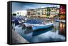 Boats In Lazise Harbor After Sunset-George Oze-Framed Stretched Canvas