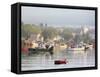 Boats in Morning Fog. Corea, Maine, Usa-Jerry & Marcy Monkman-Framed Stretched Canvas