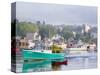 Boats in Morning Fog. Corea, Maine, Usa-Jerry & Marcy Monkman-Stretched Canvas