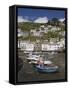 Boats in Polperro Harbour at Low Tide, Cornwall, England, United Kingdom, Europe-Hazel Stuart-Framed Stretched Canvas