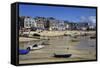 Boats in St. Ives Harbour at Low Tide, St. Ives, Cornwall, England, United Kingdom, Europe-Simon Montgomery-Framed Stretched Canvas