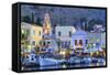 Boats in Symi Harbour at Dusk, Symi, Dodecanese, Greek Islands, Greece, Europe-Neil Farrin-Framed Stretched Canvas