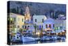 Boats in Symi Harbour at Dusk, Symi, Dodecanese, Greek Islands, Greece, Europe-Neil Farrin-Stretched Canvas