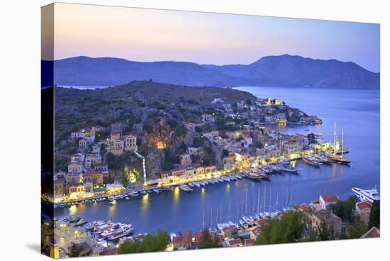 Boats in Symi Harbour from Elevated Angle at Dusk, Symi, Dodecanese, Greek Islands, Greece, Europe-Neil Farrin-Stretched Canvas