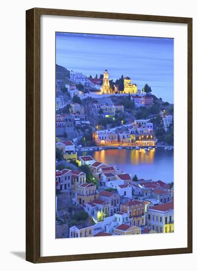 Boats in Symi Harbour from Elevated Angle at Dusk, Symi, Dodecanese, Greek Islands, Greece, Europe-Neil Farrin-Framed Photographic Print