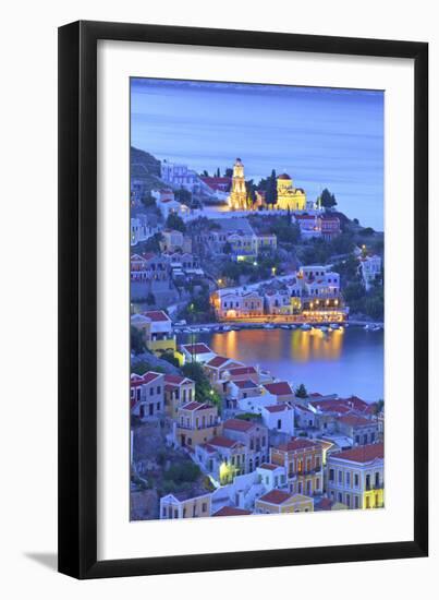 Boats in Symi Harbour from Elevated Angle at Dusk, Symi, Dodecanese, Greek Islands, Greece, Europe-Neil Farrin-Framed Photographic Print