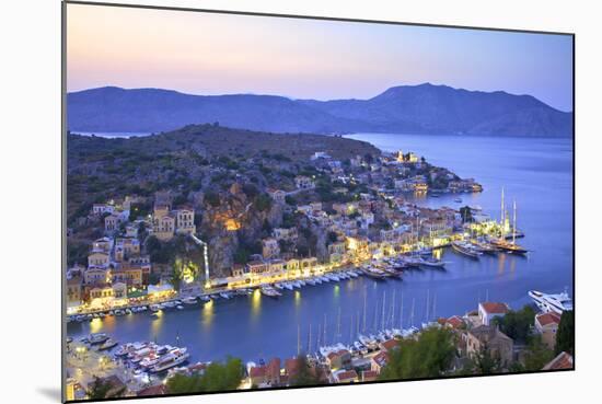 Boats in Symi Harbour from Elevated Angle at Dusk, Symi, Dodecanese, Greek Islands, Greece, Europe-Neil Farrin-Mounted Photographic Print