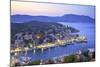 Boats in Symi Harbour from Elevated Angle at Dusk, Symi, Dodecanese, Greek Islands, Greece, Europe-Neil Farrin-Mounted Photographic Print