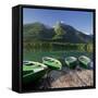 Boats in the Hintersee, Berchtesgadener Land District, Bavaria, Germany-Rainer Mirau-Framed Stretched Canvas