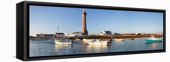 Boats in the Sea with a Lighthouse in the Background, Phare D'Eckmuhl, Penmarc'H, Finistere-null-Framed Stretched Canvas