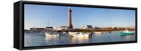 Boats in the Sea with a Lighthouse in the Background, Phare D'Eckmuhl, Penmarc'H, Finistere-null-Framed Stretched Canvas