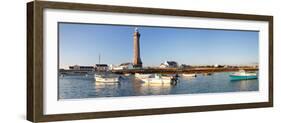 Boats in the Sea with a Lighthouse in the Background, Phare D'Eckmuhl, Penmarc'H, Finistere-null-Framed Photographic Print