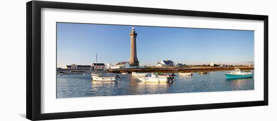 Boats in the Sea with a Lighthouse in the Background, Phare D'Eckmuhl, Penmarc'H, Finistere-null-Framed Photographic Print