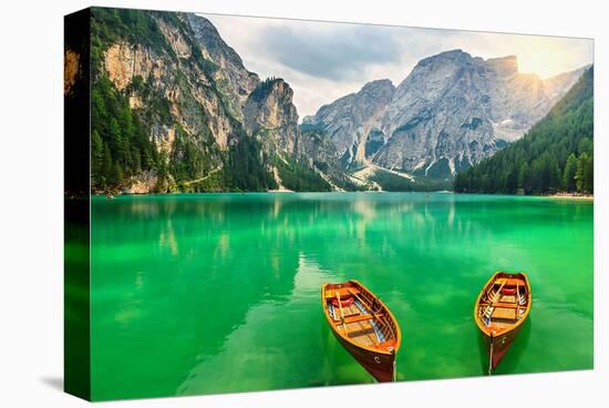 Boats Lake Dolomite Alps Italy-null-Stretched Canvas