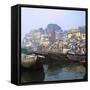 Boats Moored in Front of Ghats on the River Ganges, Varanasi, Uttar Pradesh, India-Tony Gervis-Framed Stretched Canvas