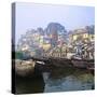 Boats Moored in Front of Ghats on the River Ganges, Varanasi, Uttar Pradesh, India-Tony Gervis-Stretched Canvas