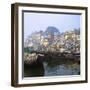 Boats Moored in Front of Ghats on the River Ganges, Varanasi, Uttar Pradesh, India-Tony Gervis-Framed Photographic Print