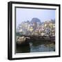 Boats Moored in Front of Ghats on the River Ganges, Varanasi, Uttar Pradesh, India-Tony Gervis-Framed Photographic Print