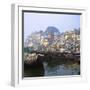 Boats Moored in Front of Ghats on the River Ganges, Varanasi, Uttar Pradesh, India-Tony Gervis-Framed Photographic Print