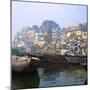 Boats Moored in Front of Ghats on the River Ganges, Varanasi, Uttar Pradesh, India-Tony Gervis-Mounted Photographic Print