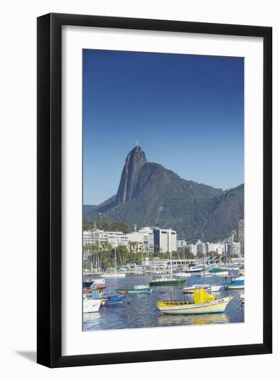 Boats Moored in Harbour with Christ the Redeemer Statue in Background, Urca, Rio de Janeiro, Brazil-Ian Trower-Framed Photographic Print