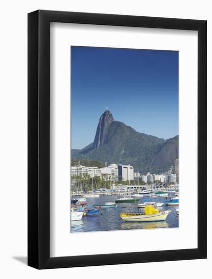 Boats Moored in Harbour with Christ the Redeemer Statue in Background, Urca, Rio de Janeiro, Brazil-Ian Trower-Framed Photographic Print