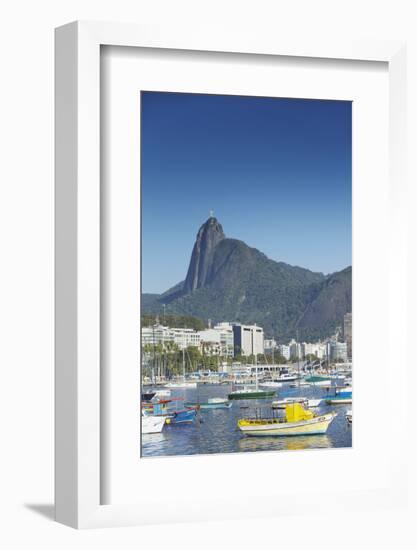 Boats Moored in Harbour with Christ the Redeemer Statue in Background, Urca, Rio de Janeiro, Brazil-Ian Trower-Framed Photographic Print