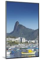 Boats Moored in Harbour with Christ the Redeemer Statue in Background, Urca, Rio de Janeiro, Brazil-Ian Trower-Mounted Photographic Print