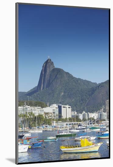 Boats Moored in Harbour with Christ the Redeemer Statue in Background, Urca, Rio de Janeiro, Brazil-Ian Trower-Mounted Photographic Print