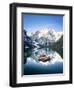 Boats moored in Lake Braies (Pragser Wildsee) with mountains reflected in water-Roberto Moiola-Framed Photographic Print