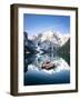 Boats moored in Lake Braies (Pragser Wildsee) with mountains reflected in water-Roberto Moiola-Framed Photographic Print