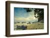 Boats off the town beach at sunset with Manadotua Island beyond, Bunaken, North Sulawesi-Robert Francis-Framed Photographic Print