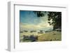 Boats off the town beach at sunset with Manadotua Island beyond, Bunaken, North Sulawesi-Robert Francis-Framed Photographic Print